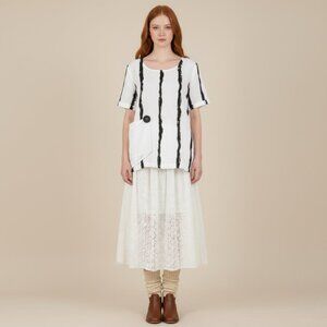 Compli K Womens Small Linen Striped Short Sleeve Lagenlook Patch Pocket Top